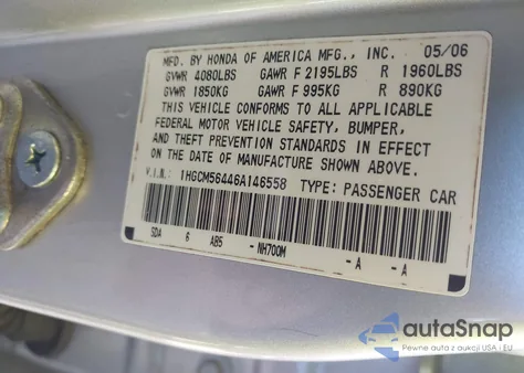 2006 Honda Accord 2.4 Lx из США, поврежденный, VIN 1HGCM56446A146558